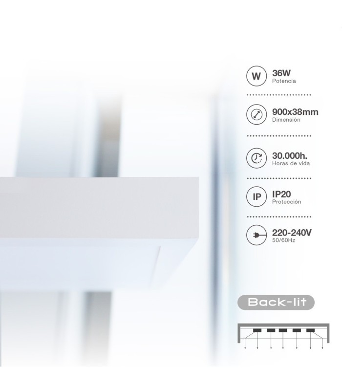 PANEL LED SUPERFICIE RECTANGULAR KISONGO GSC 90x30cm 36W LUZ BLANCA 6000K 3900 LUMENES