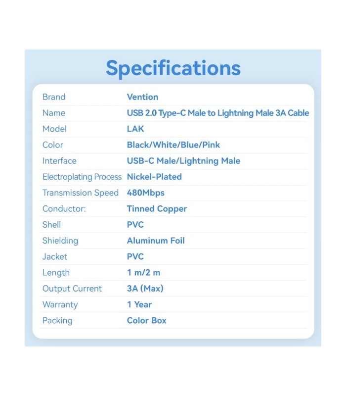 CABLE USB-C 2 0 LIGHTNING VENTION BLANCO - USB TIPO-C A LIGHTNING MACHO - 2 METROS