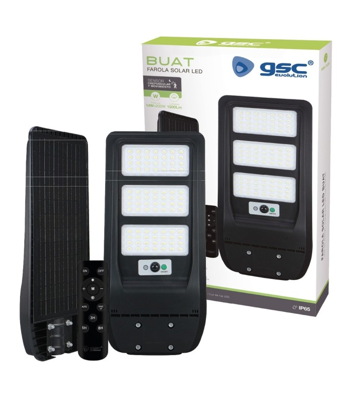 FAROLA SOLAR LED BUAT GSC CON SENSOR CREPUSCULAR Y MOVIMIENTO 14W LUZ BLANCA 6500K 1800Lm 