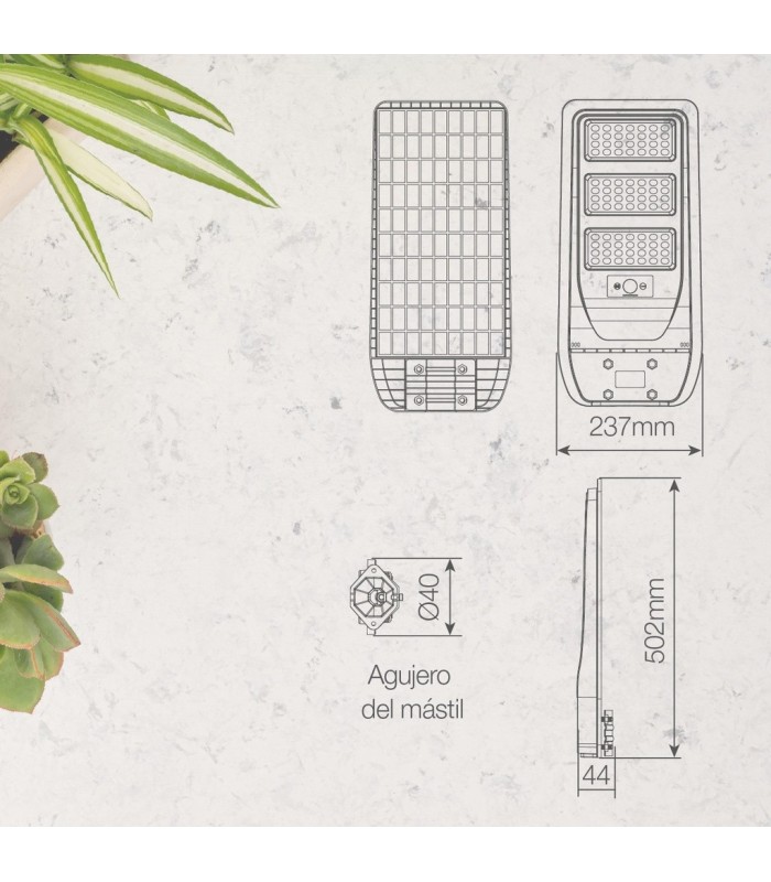 FAROLA SOLAR LED BUAT GSC CON SENSOR CREPUSCULAR Y MOVIMIENTO 14W LUZ BLANCA 6500K 1800Lm 