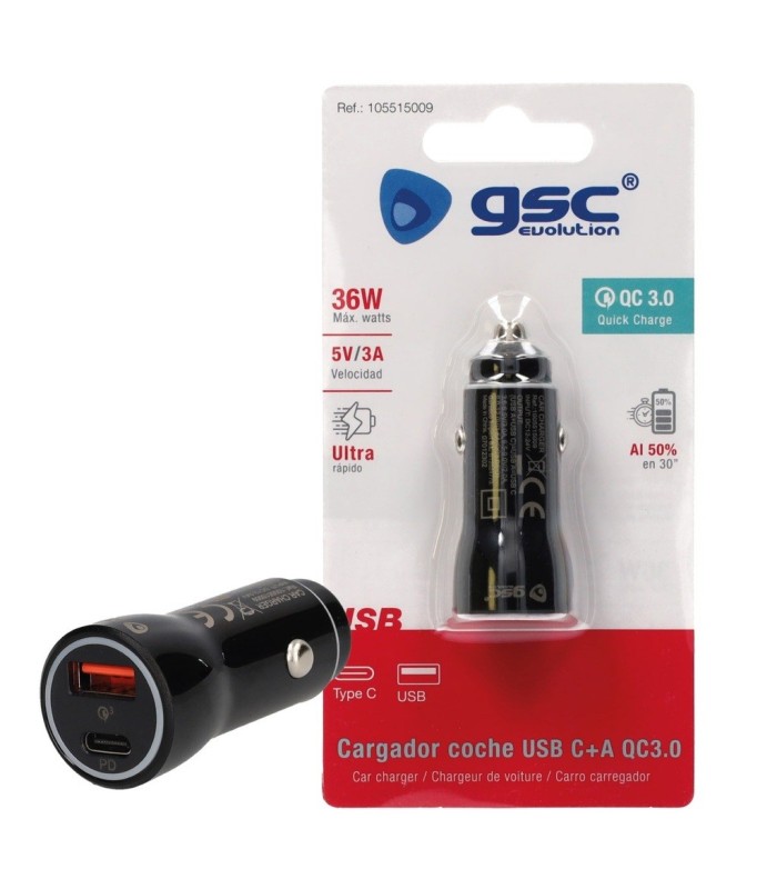 CARGADOR DE COCHE GSC 36W NEGRO - USB C + USB A QC 3 0