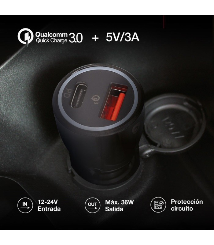 CARGADOR DE COCHE GSC 36W NEGRO - USB C + USB A QC 3 0