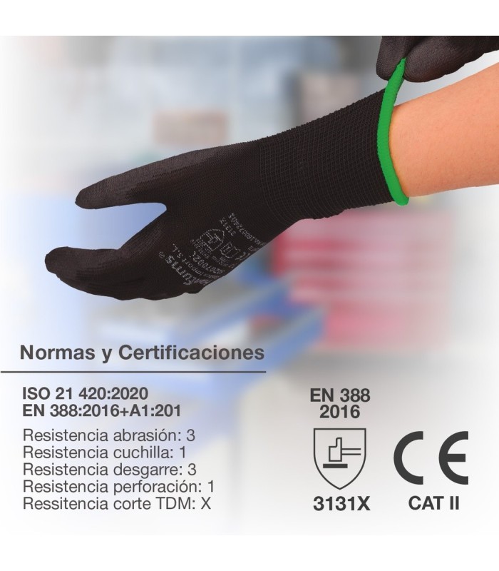 PAR DE GUANTES POLIESTER Y POLIURETANO NEGROS GSC - TALLA 9