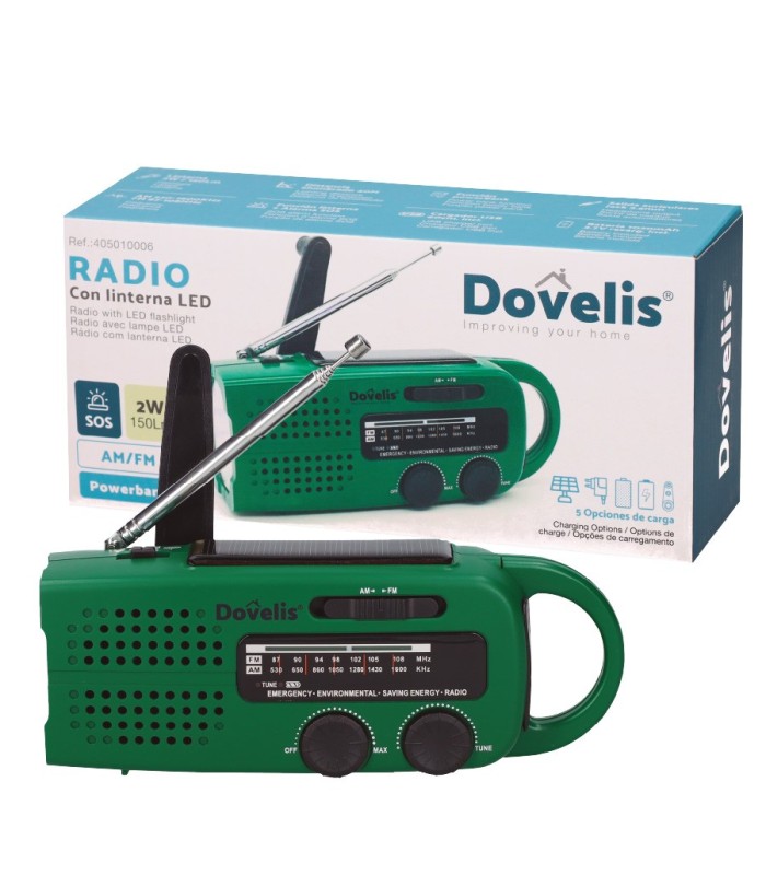 RADIO CON LINTERNA LED GSC - DINAMO, SOLAR, RECARGABLE, USB POWERBANK - 150 LUMENES