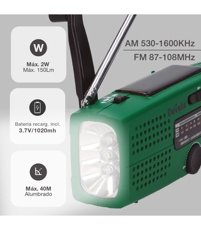 RADIO CON LINTERNA LED GSC - DINAMO, SOLAR, RECARGABLE, USB POWERBANK - 150 LUMENES