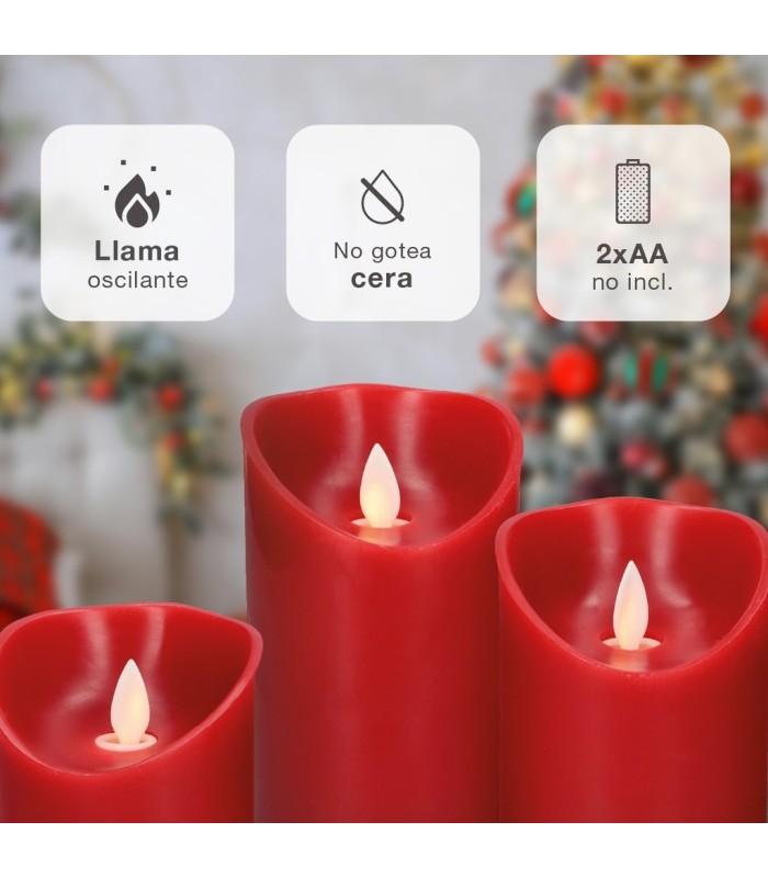 PACK 3 VELAS LED DECORATIVAS DE CERA GSC 100-120-150mm ROJAS