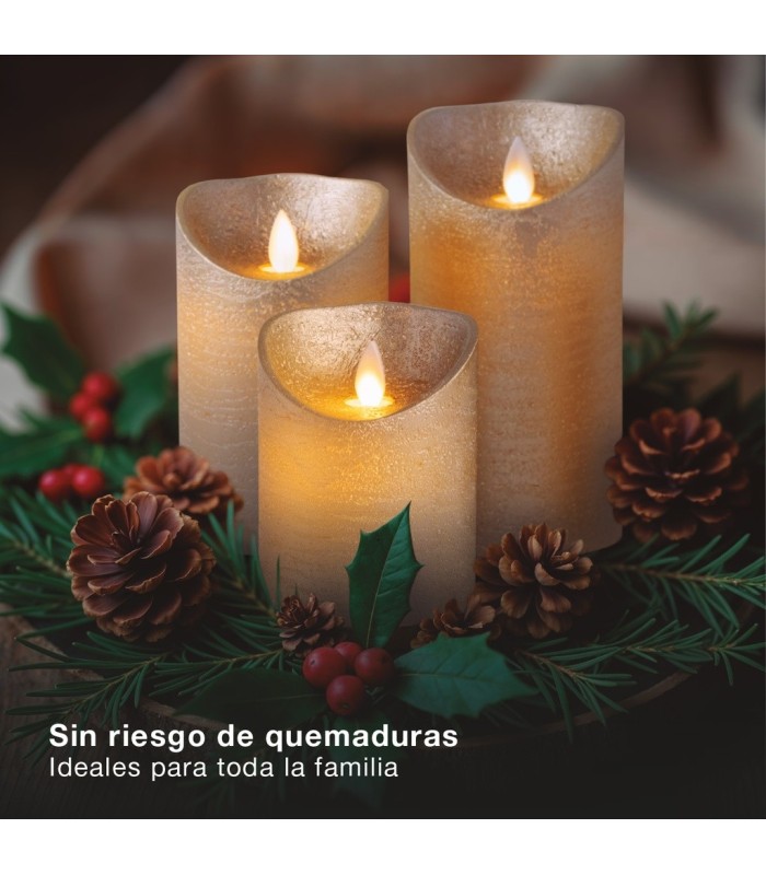 PACK 3 VELAS LED DECORATIVAS DE CERA GSC 100-120-150mm DORADAS