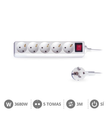 BASE MULTIPLE CON INTERRUPTOR GSC - 5 TOMAS - CABLE DE 3 METROS - POTENCIA MAX  3680W