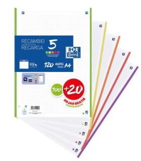 RECAMBIO OXFORD A-4 100 HOJAS + 20 GRATIS 5x5mm 90gr  5 COLORES DE BANDA