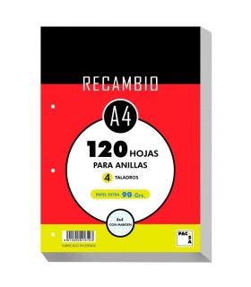 RECAMBIO A-4 PACSA 4mm 90gr  4 TALADROS 100 HOJAS