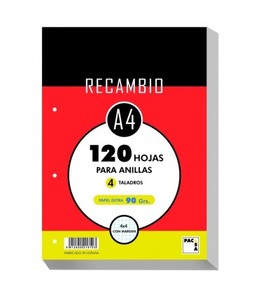 RECAMBIO A-4 PACSA 4mm 90gr  4 TALADROS 100 HOJAS
