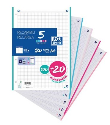 RECAMBIO OXFORD A-4 100 HOJAS + 20 GRATIS 90gr  5x5mm 5 COLORES PASTEL