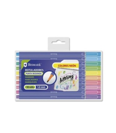ROTULADORES NEON PUNTA REDONDA LETTERING BISMARK BLISTER 10 COLORES SURTIDOS 1 0mm