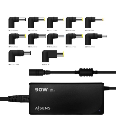 CARGADOR UNIVERSAL AUTOMATICO AISENS 90W NEGRO - 12 CONECTORES + USB-A QC 3 0