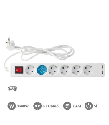 BASE MULTIPLE CON INTERRUPTOR GSC - 6 TOMAS + 2 USB - CABLE 1 4 METROS - POT MAX  3680W