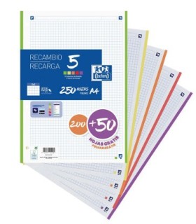 RECAMBIO A-4 OXFORD 5 COLORES 200 HOJAS + 50 GRATIS 5x5mm