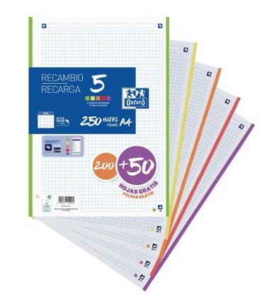 RECAMBIO A-4 OXFORD 5 COLORES 200 HOJAS + 50 GRATIS 5x5mm