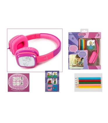 AURICULARES INFANTILES CON CABLE KOOLTECH ROSAS - SONIDO LIMITADO - 12 TARJETAS COLOREAR