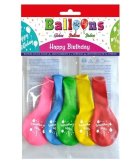 BOLSA DE 5 GLOBOS FRASE FELIZ CUMPLEAÑOS COILORES SURTIDOS CP BALLOONS