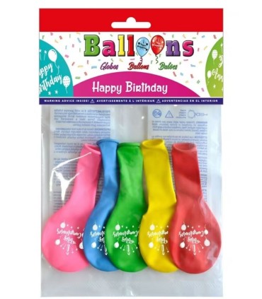 BOLSA DE 5 GLOBOS FRASE FELIZ CUMPLEAÑOS COILORES SURTIDOS CP BALLOONS