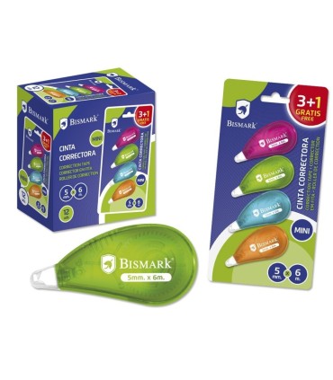 CINTA CORRECTORA MINI NEON BISMARK BLISTER 4 UNIDADES 5mm X 6 metros