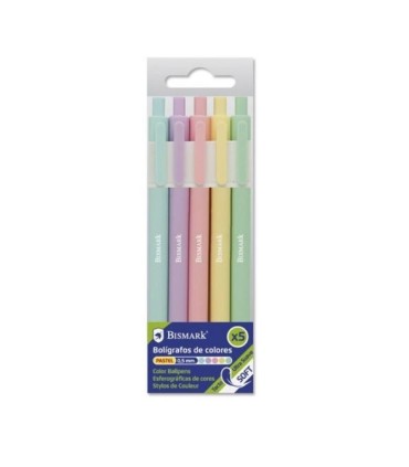 BOLIGRAFOS SOFT TINTA COLORES PASTEL BISMARK BLISTER 5 UNIDADES 0 7mm