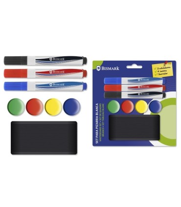 SET 3 ROTULADORES PIZARRA  + 4 IMANES + BORRADOR BISMARK