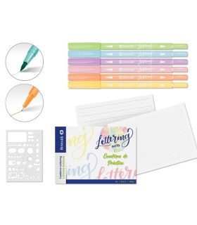 CUADERNO DE LETTERING PASTEL A-4 +5 ROTULADORES+ PLANTILLA BISMARK