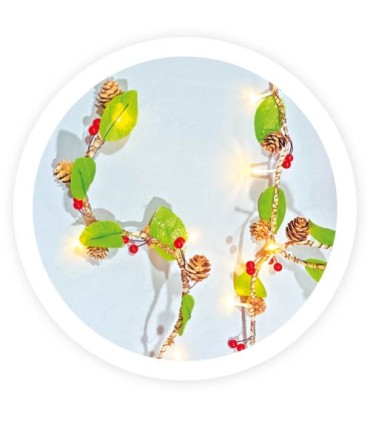 GUIRNALDA LED HOJAS, PIÑAS Y BAYAS ROJAS GSC 2 METROS - LUZ CALIDA - FUNCIONA A PILAS
