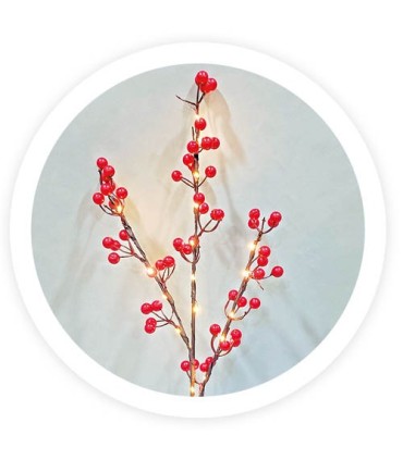 RAMA DECORATIVA LED BAYAS ROJAS GSC 0 75 METROS - LUZ CALIDA - FUNCIONA A PILAS