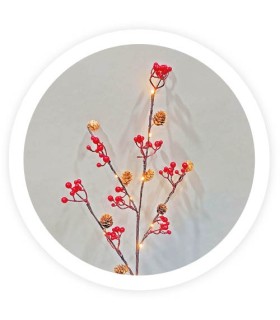 RAMA DECORATIVA LED PIÑAS Y BAYAS ROJAS GSC 0 75 METROS - LUZ CALIDA - FUNCIONA A PILAS