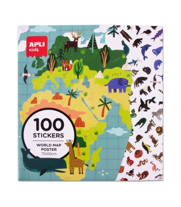 STICKERS 100 UNIDADES + POSTER MAPA MUNDO 70 X 50 CM - APLI KIDS