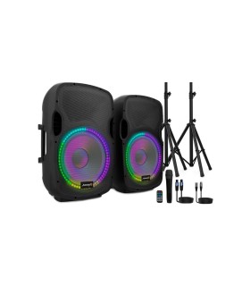 SET 2 ALTAVOCES AUDIBAX PARTY 215 LED 15" PRO 1200W PICO + SOPORTES + CABLEADO + MICROFONO