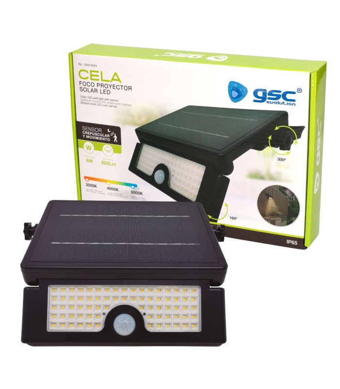 FOCO PROYECTOR SOLAR LED CELA GSC CON SENSOR DE MOVIMIENTO Y CREPUSCULAR 6W CCT 600LM IP65