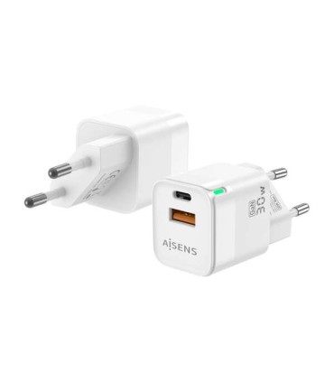CARGADOR DE PARED AISENS GAN 30W BLANCO - 1 x USB-C , 1 x USB-A - ADMITE CARGA SIMULTANEA