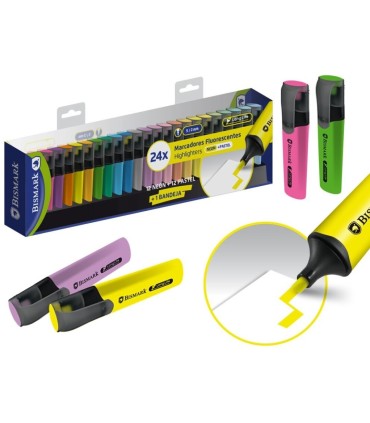 MARCADORES FLUORESCENTES BISMARK 24 UNIDADES - 12 NEON + 12 PASTEL +  BANDEJA