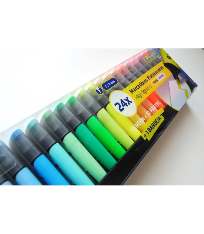 MARCADORES FLUORESCENTES BISMARK 24 UNIDADES - 12 NEON + 12 PASTEL +  BANDEJA