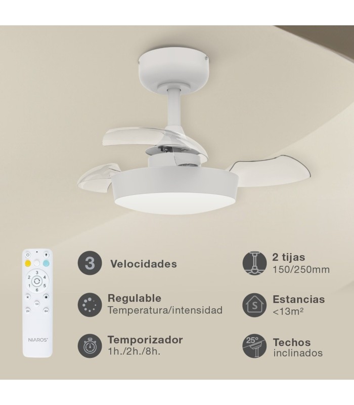 VENTILADOR TECHO NACALA GSC CON LUZ CCT REGULABLE Y MANDO Ø55 3 ASPAS RETRACTILES BLANCO