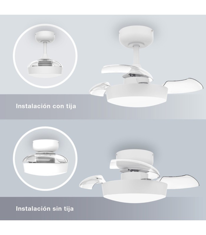 VENTILADOR TECHO NACALA GSC CON LUZ CCT REGULABLE Y MANDO Ø55 3 ASPAS RETRACTILES BLANCO