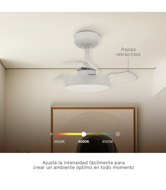 VENTILADOR TECHO NACALA GSC CON LUZ CCT REGULABLE Y MANDO Ø55 3 ASPAS RETRACTILES BLANCO