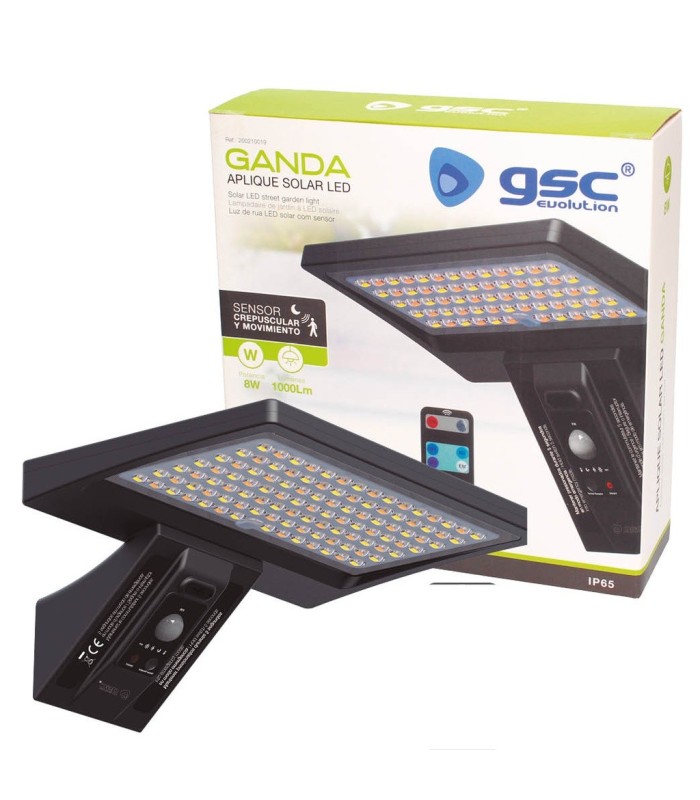 APLIQUE SOLAR LED GANDA GSC NEGRO 8W SENSOR DE MOVIMIENTO Y CREPUSCULAR LUZ CCT 1000 LUMEN