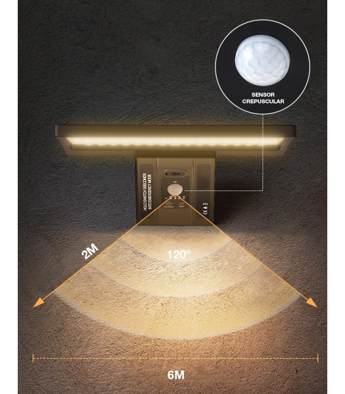 APLIQUE SOLAR LED GANDA GSC NEGRO 8W SENSOR DE MOVIMIENTO Y CREPUSCULAR LUZ CCT 1000 LUMEN