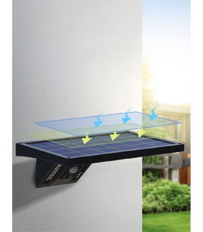 APLIQUE SOLAR LED GANDA GSC NEGRO 8W SENSOR DE MOVIMIENTO Y CREPUSCULAR LUZ CCT 1000 LUMEN