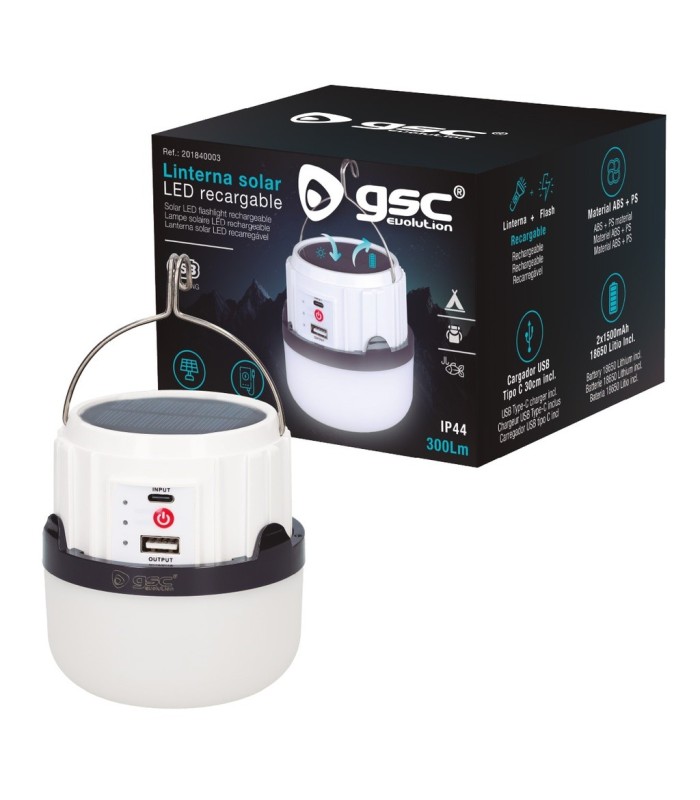 LINTERA SOLAR LED CAMPING GSC 300 LUMENES - RECARGABLE - USB POWERBANK