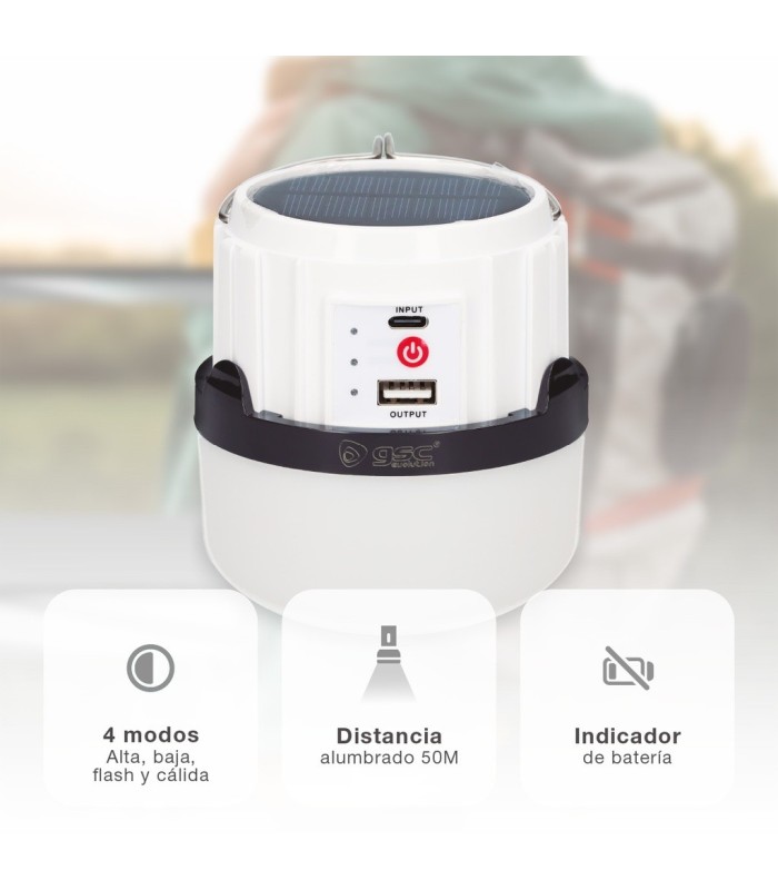 LINTERA SOLAR LED CAMPING GSC 300 LUMENES - RECARGABLE - USB POWERBANK