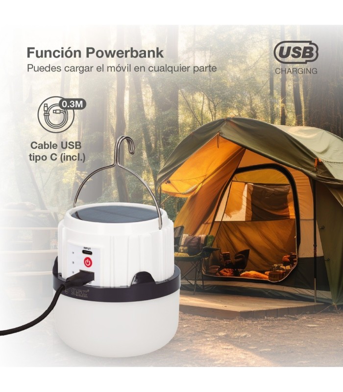 LINTERA SOLAR LED CAMPING GSC 300 LUMENES - RECARGABLE - USB POWERBANK