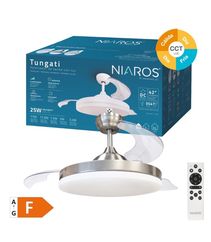 VENTILADOR DE TECHO TUNGATI NIQUEL GSC CON LUZ REGULABLE Y MANDO Ø107 3 ASPAS RETRACTILES