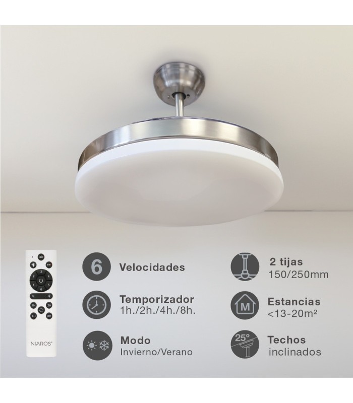 VENTILADOR DE TECHO TUNGATI NIQUEL GSC CON LUZ REGULABLE Y MANDO Ø107 3 ASPAS RETRACTILES