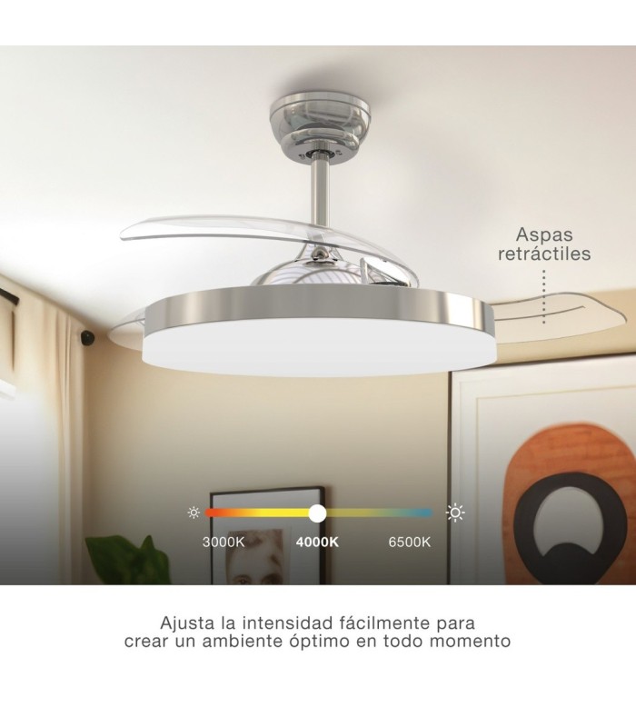 VENTILADOR DE TECHO TUNGATI NIQUEL GSC CON LUZ REGULABLE Y MANDO Ø107 3 ASPAS RETRACTILES