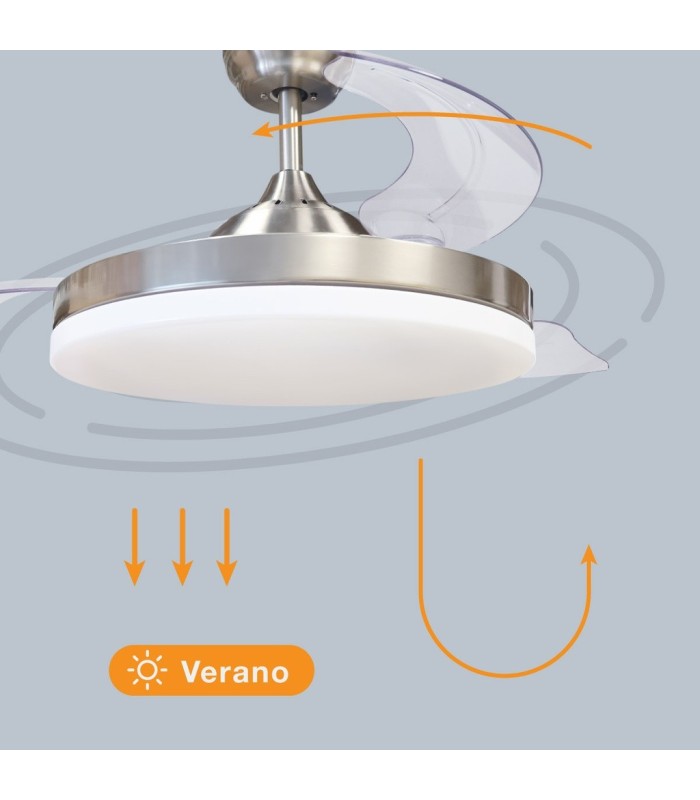 VENTILADOR DE TECHO TUNGATI NIQUEL GSC CON LUZ REGULABLE Y MANDO Ø107 3 ASPAS RETRACTILES